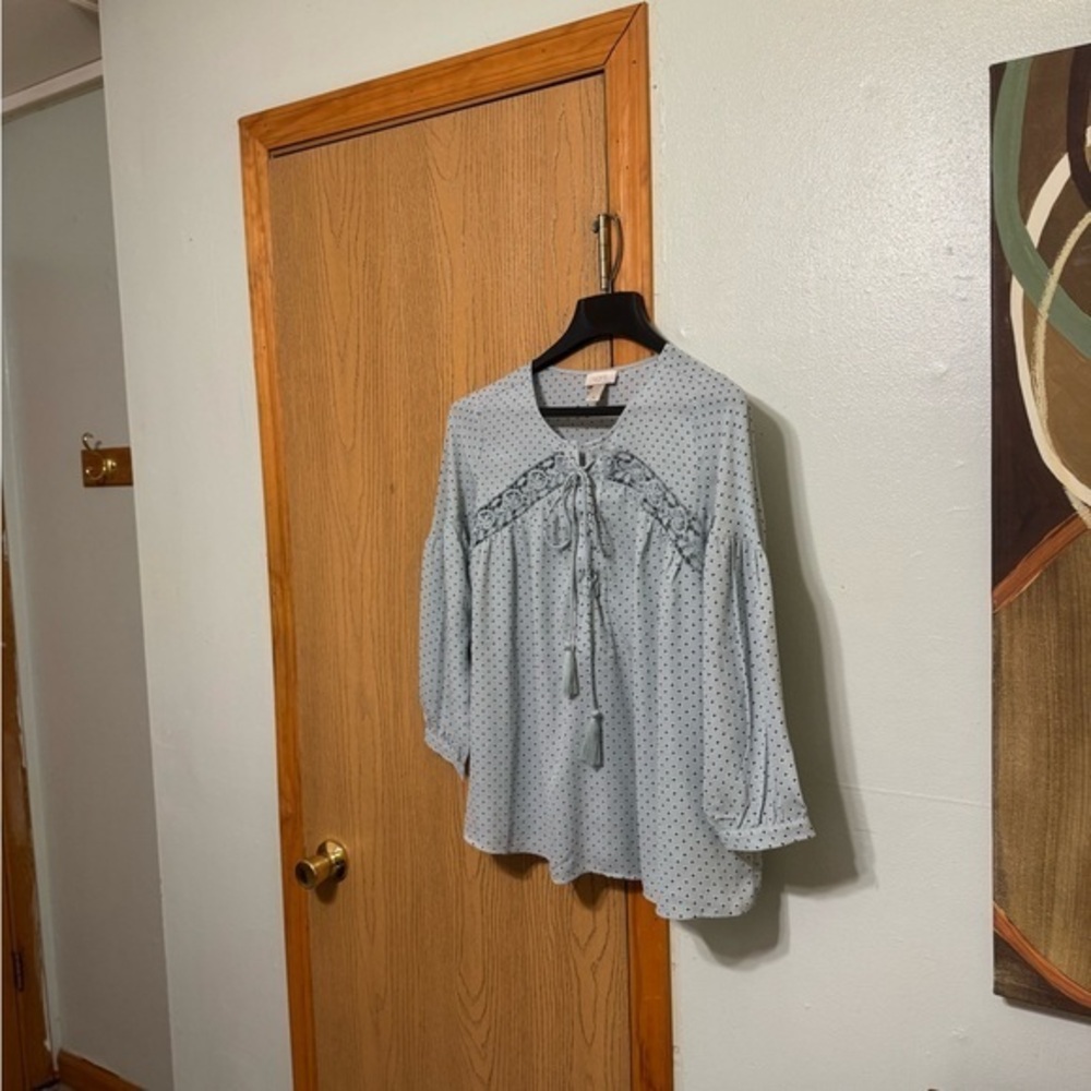 Loft Outlet Medium Blue w/Geometric Print Long Sleeve Tie-Front Blouse w/Tassels